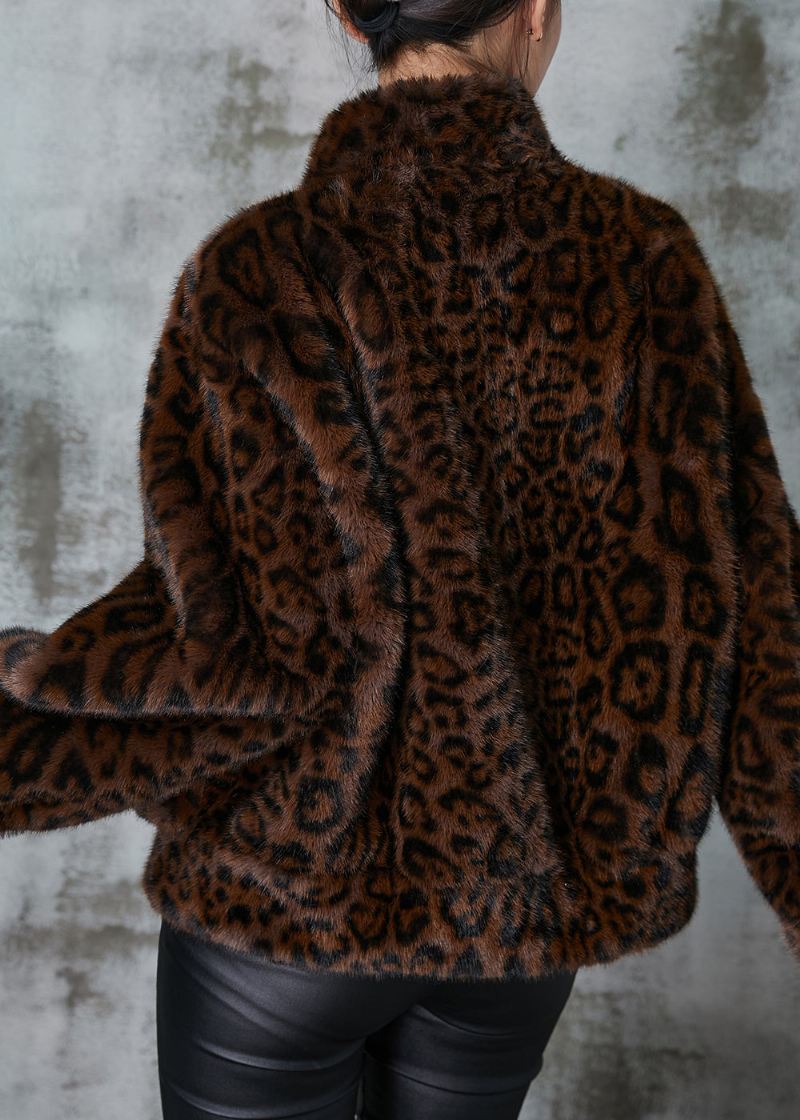 Klassiske Brune Leopardtrykklommer Imitert Pelsfrakk Vinter - Vinterfrakker for kvinner