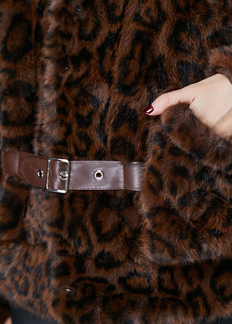 Klassiske Brune Leopardtrykklommer Imitert Pelsfrakk Vinter - Vinterfrakker for kvinner