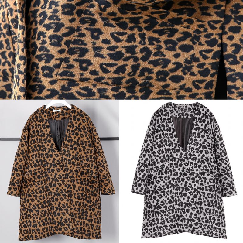 Nye Grå Leopardkåper Pluss Størrelse V-halslommer Vinterfrakk 2024 Åpen Sidefrakk - Grå Leopard