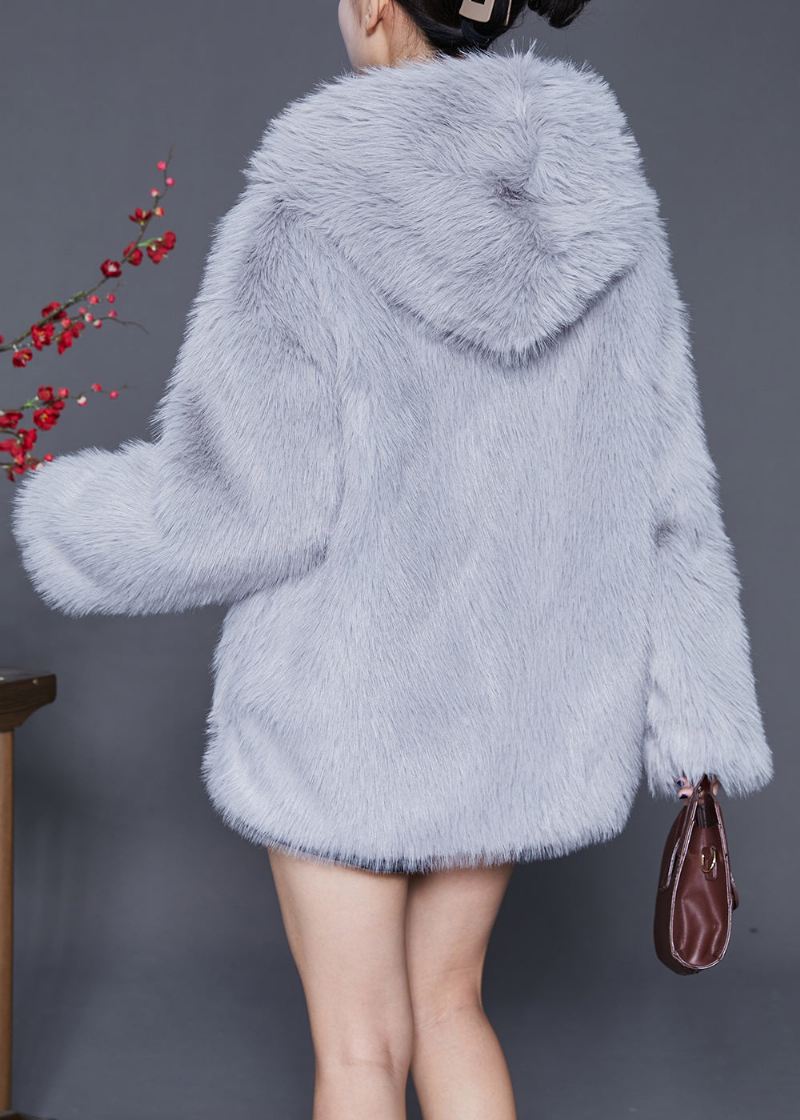 Plus Size Grå Oversized Varm Fuzzy Fur Fluffy Hettejakke Vinter - Vinterfrakker for kvinner