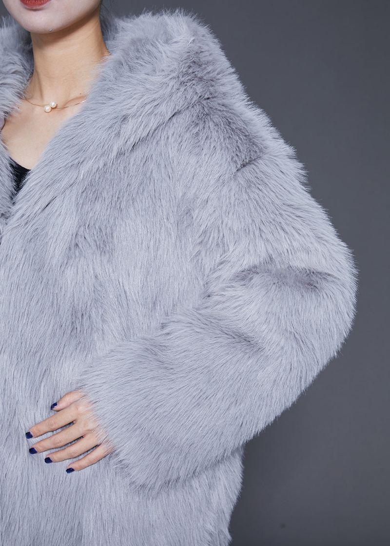 Plus Size Grå Oversized Varm Fuzzy Fur Fluffy Hettejakke Vinter - Vinterfrakker for kvinner
