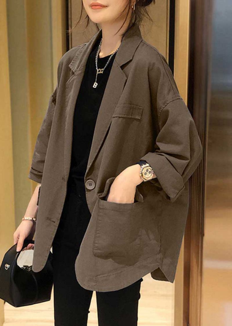 Plus Size Khaki Hakk Lommer Patchwork Bomull Coats Høst - Vinterfrakker for kvinner