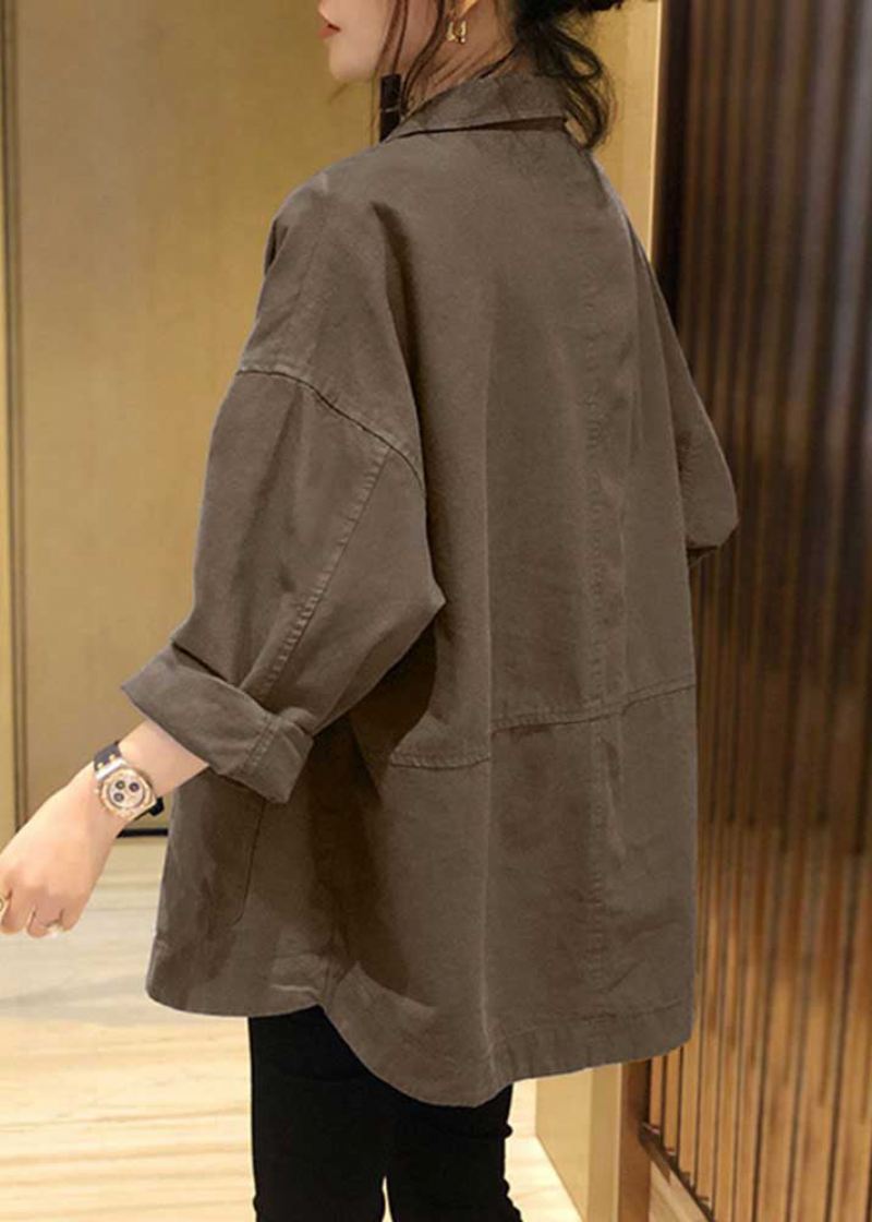 Plus Size Khaki Hakk Lommer Patchwork Bomull Coats Høst - Vinterfrakker for kvinner