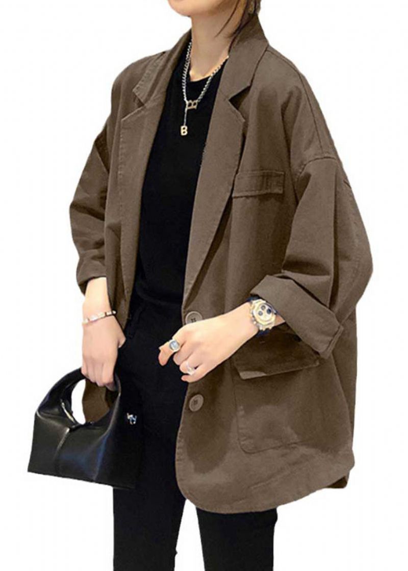 Plus Size Khaki Hakk Lommer Patchwork Bomull Coats Høst - Vinterfrakker for kvinner