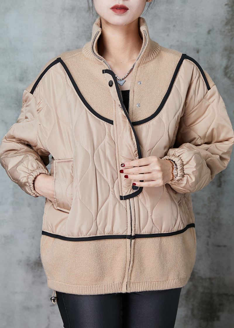 Plus Size Khaki Stativ Krage Patchwork Strikk Fine Bomull Fylte Kåper Spring - Vinterfrakker for kvinner