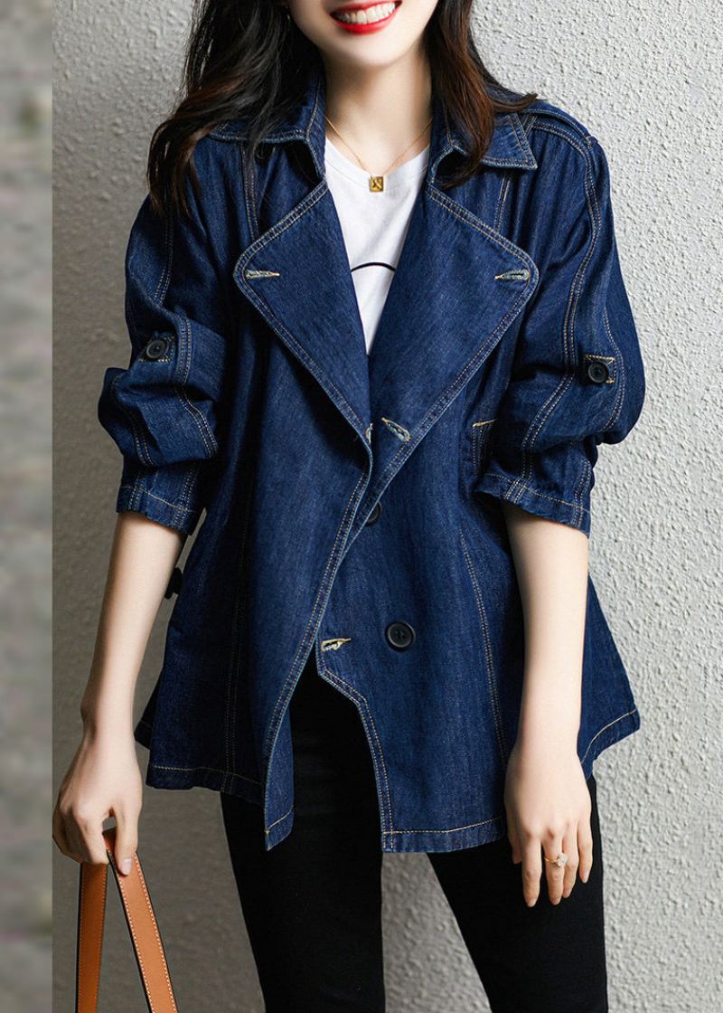Stil Blue Notched Patchwork Button Denim Coats Høst