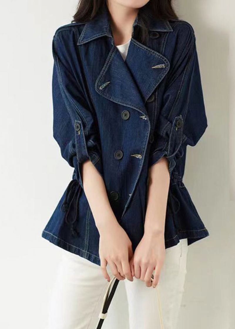 Stil Blue Notched Patchwork Button Denim Coats Høst - Vinterfrakker for kvinner