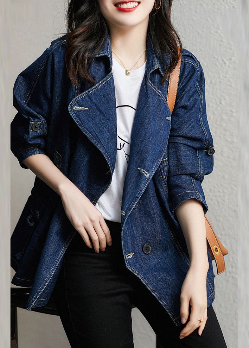 Stil Blue Notched Patchwork Button Denim Coats Høst - Vinterfrakker for kvinner