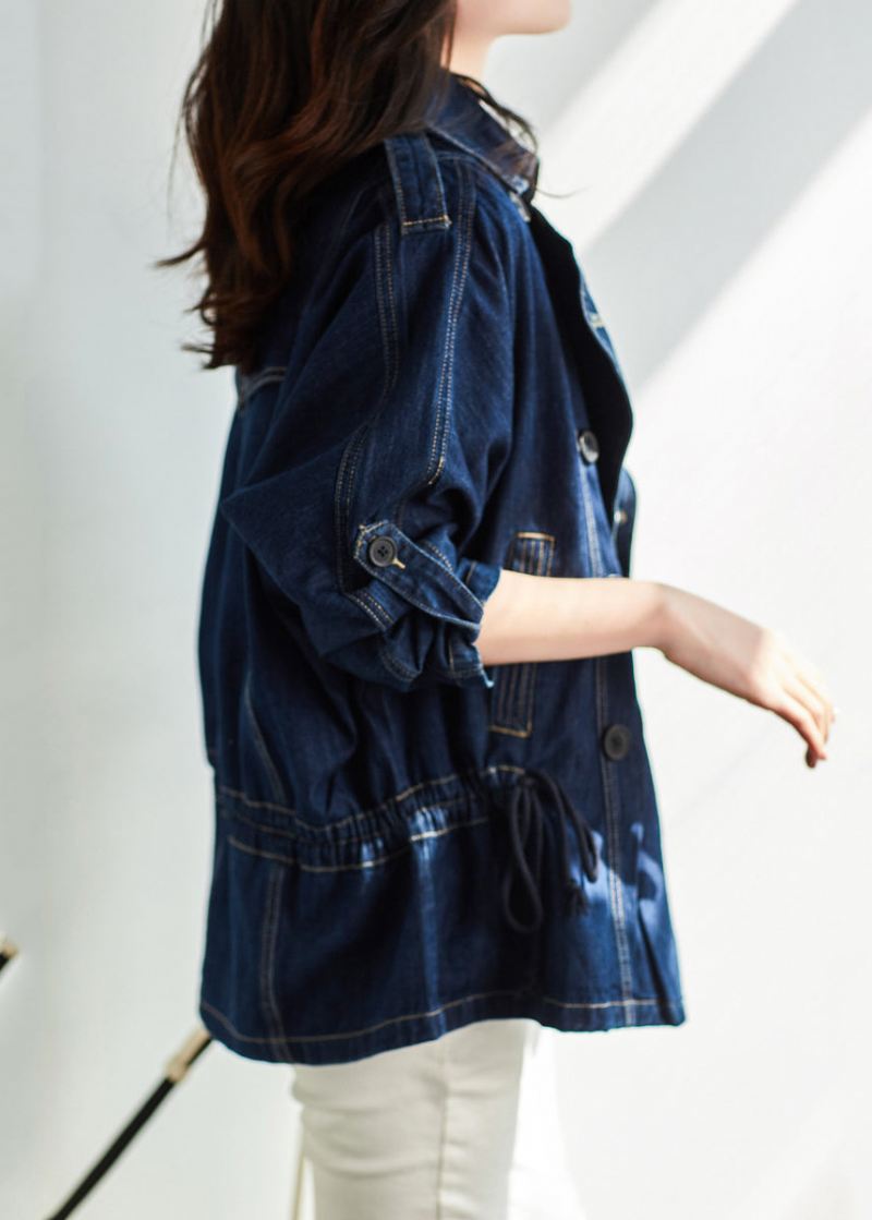 Stil Blue Notched Patchwork Button Denim Coats Høst - Vinterfrakker for kvinner