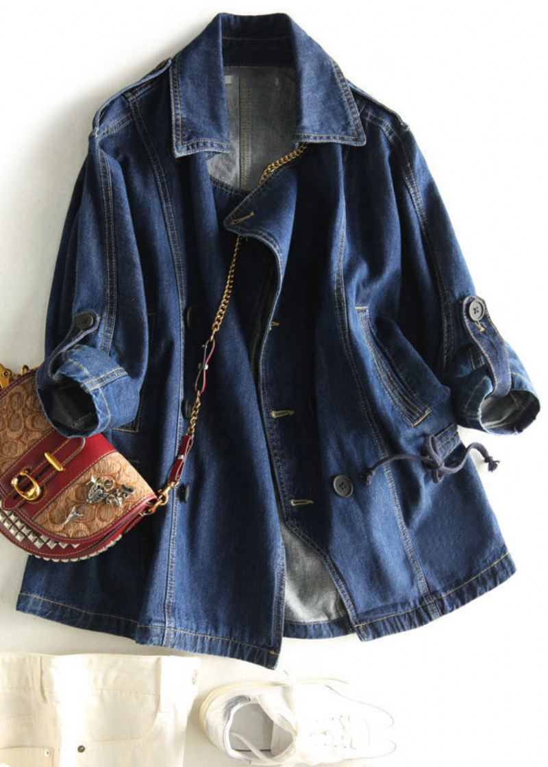 Stil Blue Notched Patchwork Button Denim Coats Høst - Vinterfrakker for kvinner
