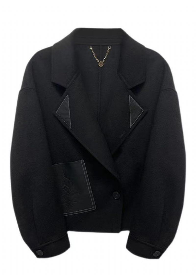 Svart Patchwork Ullkåper Oversized Button Down Fall - Vinterfrakker for kvinner