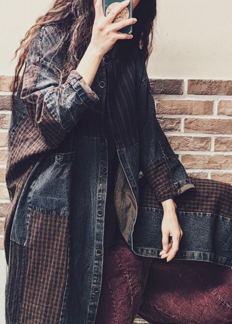 Vintage Colorblock Button Lommer Denim Patchwork Coat Høst