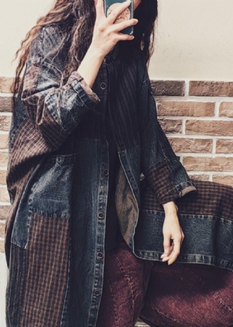 Vintage Colorblock Button Lommer Denim Patchwork Coat Høst