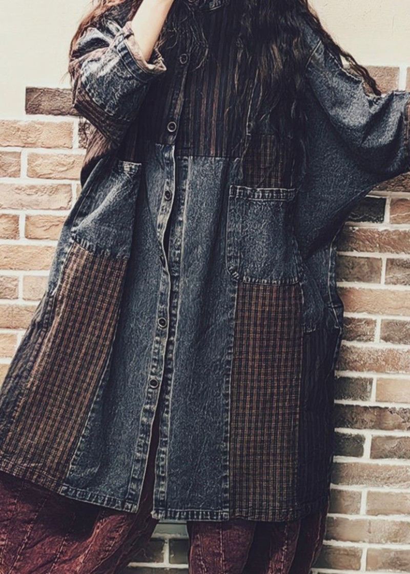 Vintage Colorblock Button Lommer Denim Patchwork Coat Høst - Vinterfrakker for kvinner
