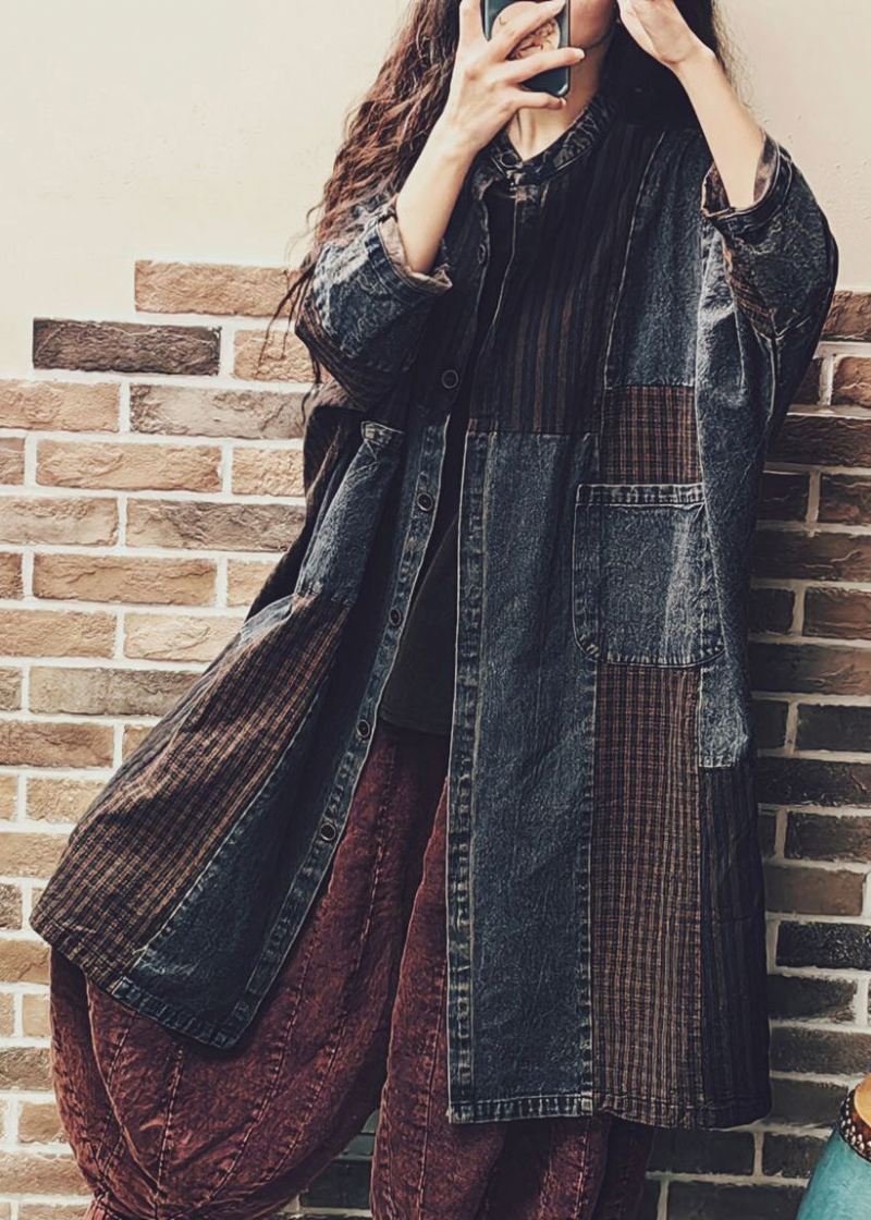 Vintage Colorblock Button Lommer Denim Patchwork Coat Høst - Vinterfrakker for kvinner