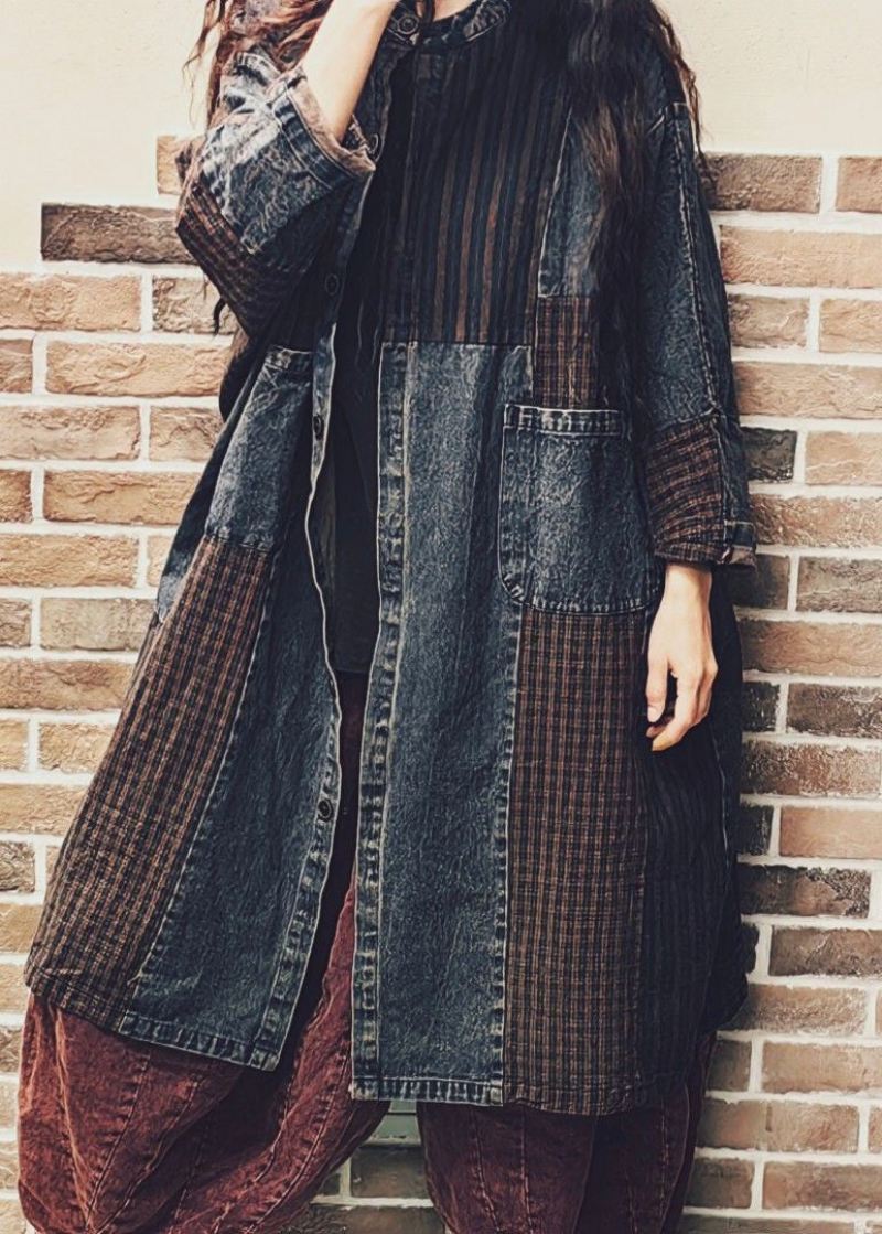 Vintage Colorblock Button Lommer Denim Patchwork Coat Høst - Vinterfrakker for kvinner