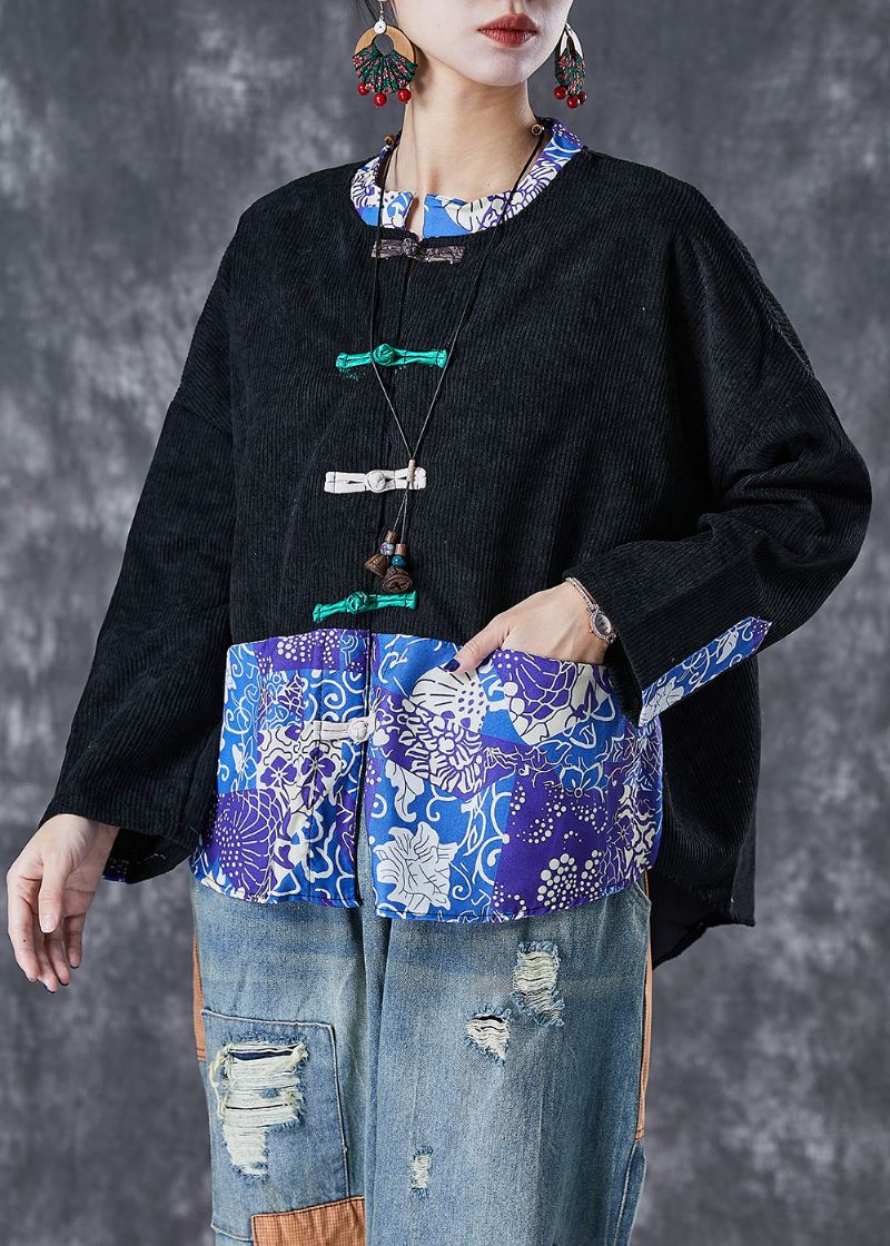 Vintage Svart Print Patchwork Corduroy Kåper Høst - Vinterfrakker for kvinner