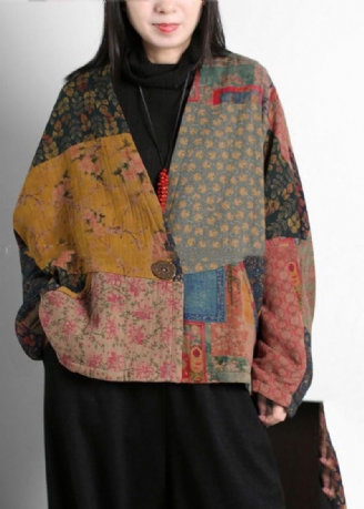 Vintage Colorblock V-hals Patchwork Print Fine Bomullsfylte Kåper Batwing Sleeve