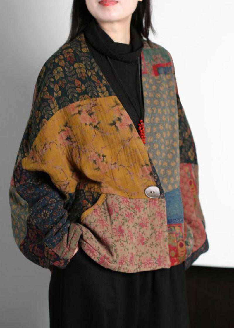 Vintage Colorblock V-hals Patchwork Print Fine Bomullsfylte Kåper Batwing Sleeve - Dunjakker for kvinner