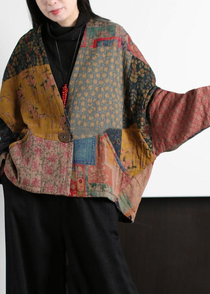 Vintage Colorblock V-hals Patchwork Print Fine Bomullsfylte Kåper Batwing Sleeve - Dunjakker for kvinner