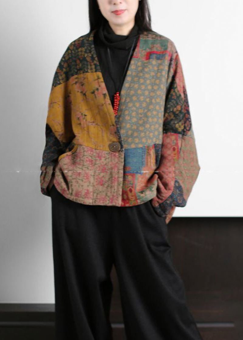 Vintage Colorblock V-hals Patchwork Print Fine Bomullsfylte Kåper Batwing Sleeve - Dunjakker for kvinner